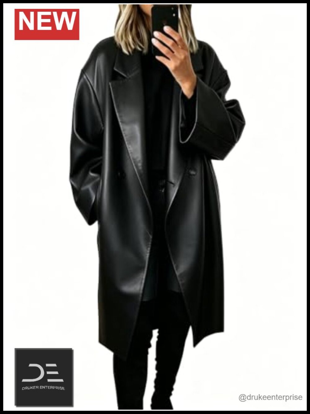 Faux Leather Trench Coat Open Front Lapel Long Oversized